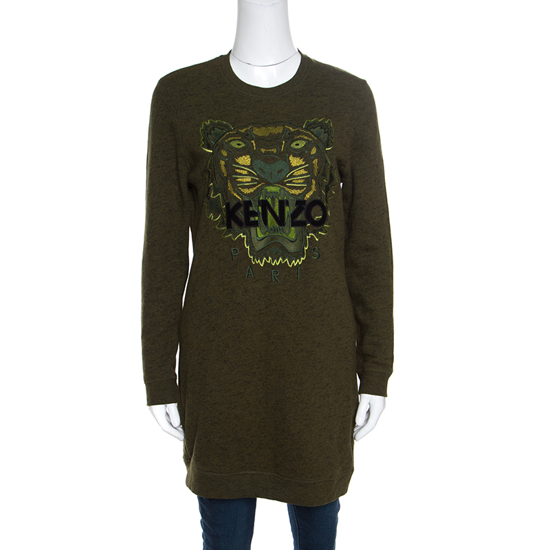 Pre Owned Kenzo Green Melange Knit Embroidered Tiger Motif Sweater Dress M