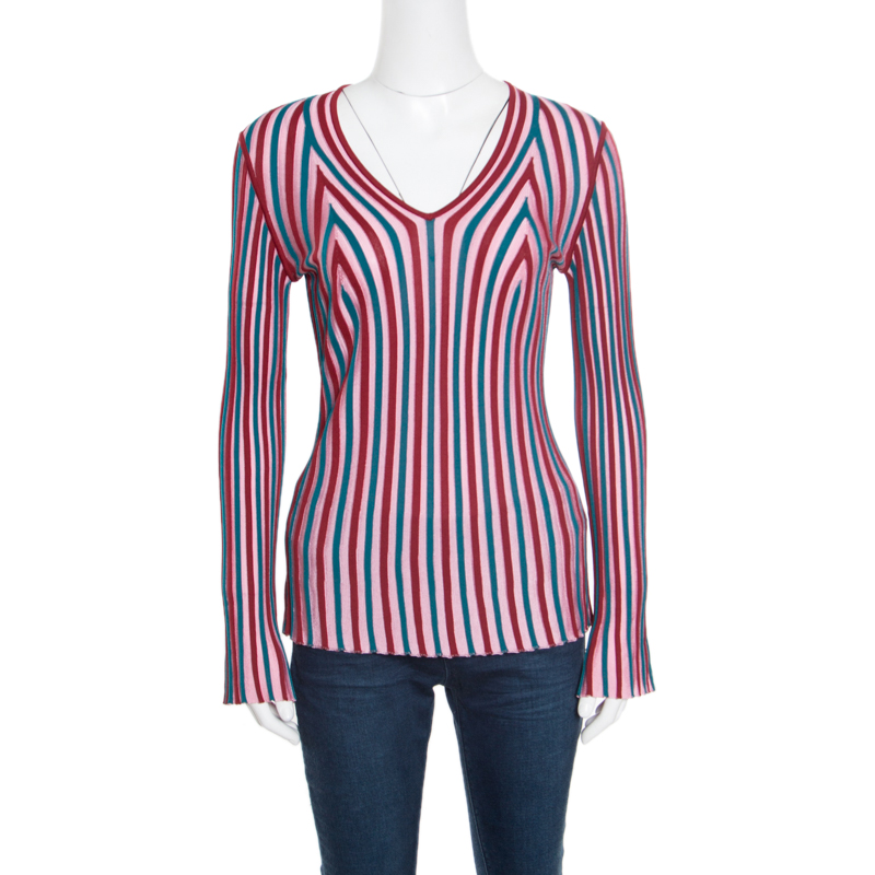 Pre Owned Kenzo Multicolor Knit Striped V Neck Top M