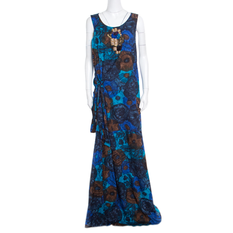 Kenzo Multicolor Floral Printed Embellished Sleeveless Maxi Dress L