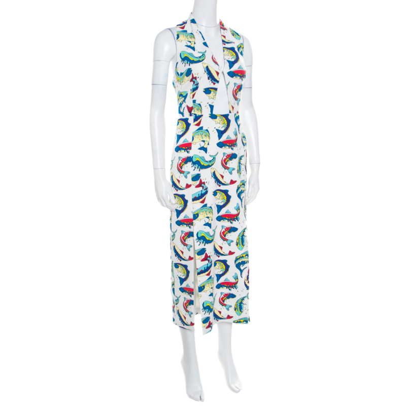 

Kenzo White Fish Printed Techno Crepe Cutout Detail Halter Midi Dress