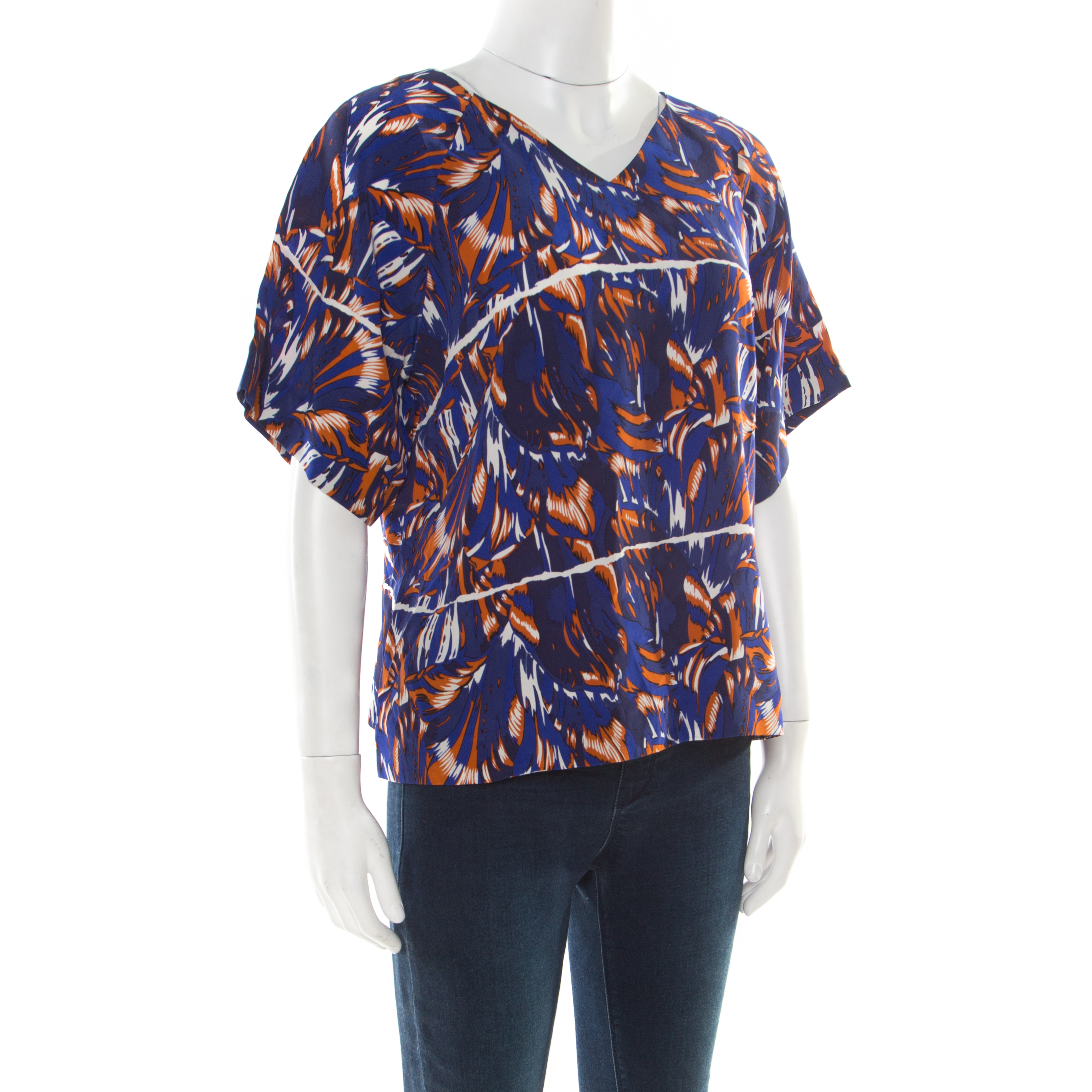 

Kenzo Royal Blue Torn Flowers Printed Silk V Neck Blouse