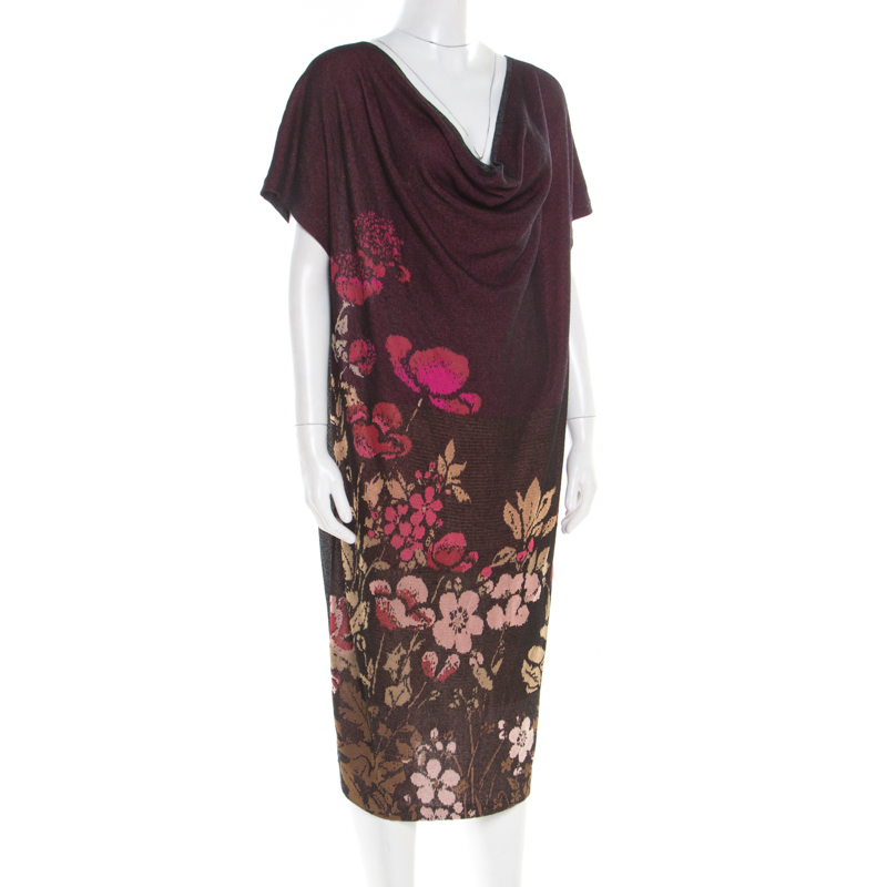 Pre-owned Kenzo Bicolor Floral Jacquard Knit Oversized Shift Dress L In Purple