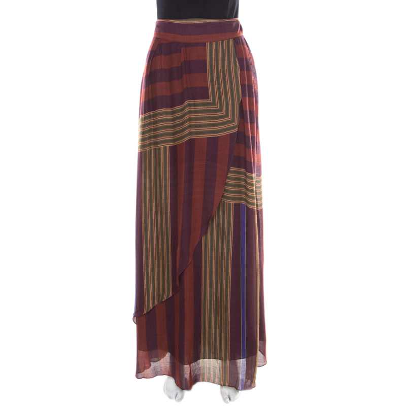 Pre Owned Kenzo Multicolor Striped Faux Wrap Maxi Skirt L