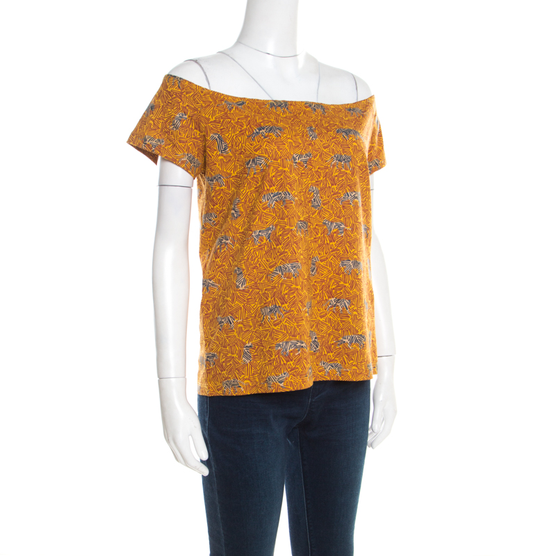 Pre-owned Kenzo Mustard Scribble Print Cotton Off Shoulder Top Xl In Yellow