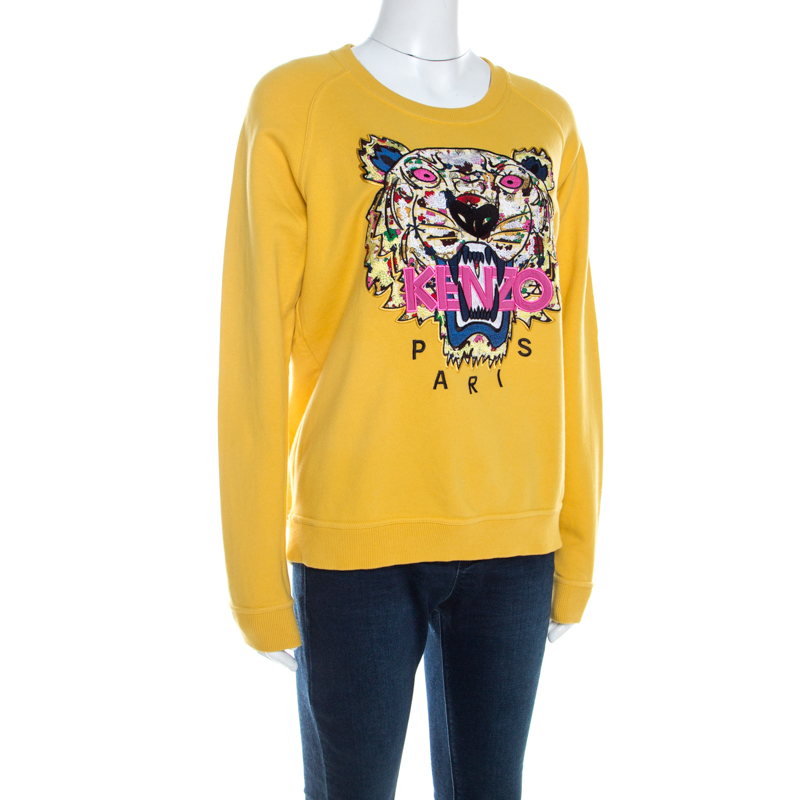 

Kenzo Yellow Embroidered Tiger Motif Crew Neck Sweatshirt