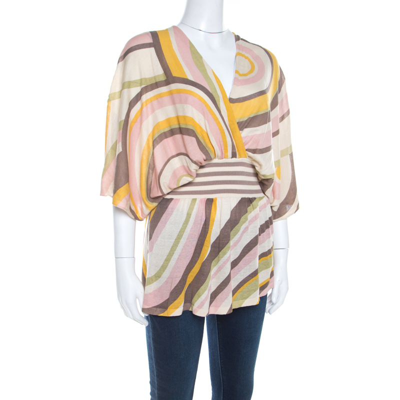 

Kenzo Multicolor Striped Linen Silk Clinched Waist Batwing Sleeve Top