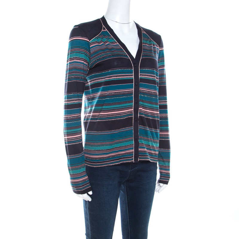 

Kenzo Blue Striped Lurex Knit Cotton Button Front Cardigan