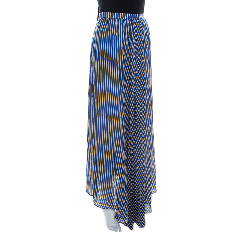 

Kenzo Blue and Yellow Striped Silk Asymmetric Hem Skirt