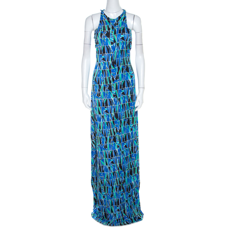 Pre Owned Kenzo Multicolor Cubic Floral Print Stretch Jersey Drop Armhole Detail Maxi Dress M