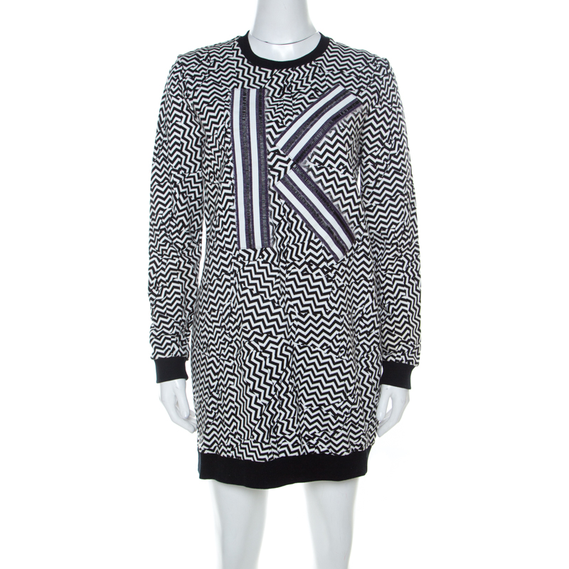 Pre Owned Kenzo Black & White Molleton Chevron Sweatshirt Dress M