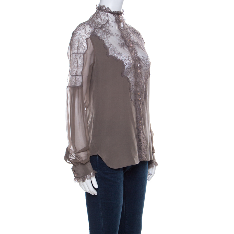 

Kenzo Défilé Sage Green Silk and Sheer Lace Paneled Button Front Blouse