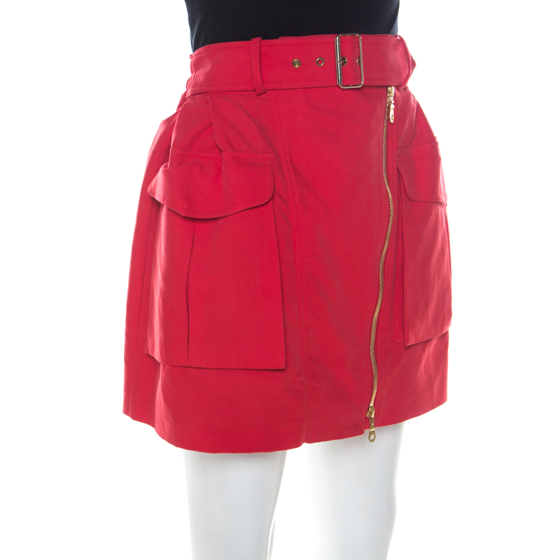 

Kenzo Red Cotton Asymmetric Zip Front Belted Cargo Skirt