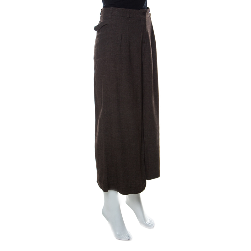Pre-owned Kenzo Dark Brown Stretch Wool Pleated Culottes M