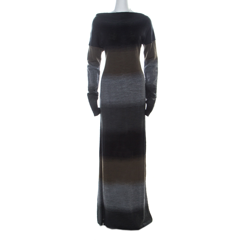 Pre Owned Kenzo Jungle Multicolor Wide Striped Knit Bateau Neck Maxi Dress XL