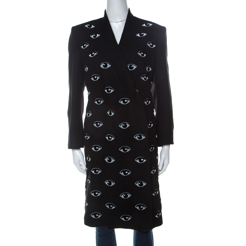Kenzo Black Wool Blend Eye Embroidered Double Breasted Coat L