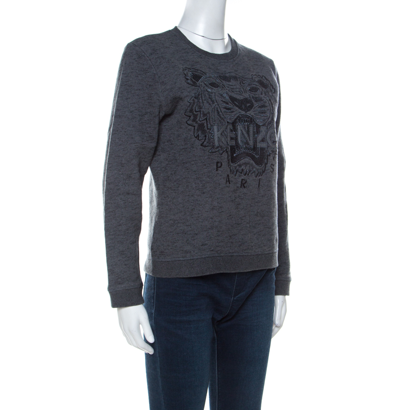 

Kenzo Charcoal Grey Tiger Embroidered Marled Cotton Sweatshirt