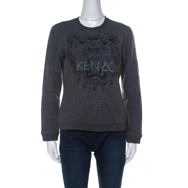 Pre Owned Kenzo Charcoal Grey Tiger Embroidered Marled Cotton Sweatshirt M