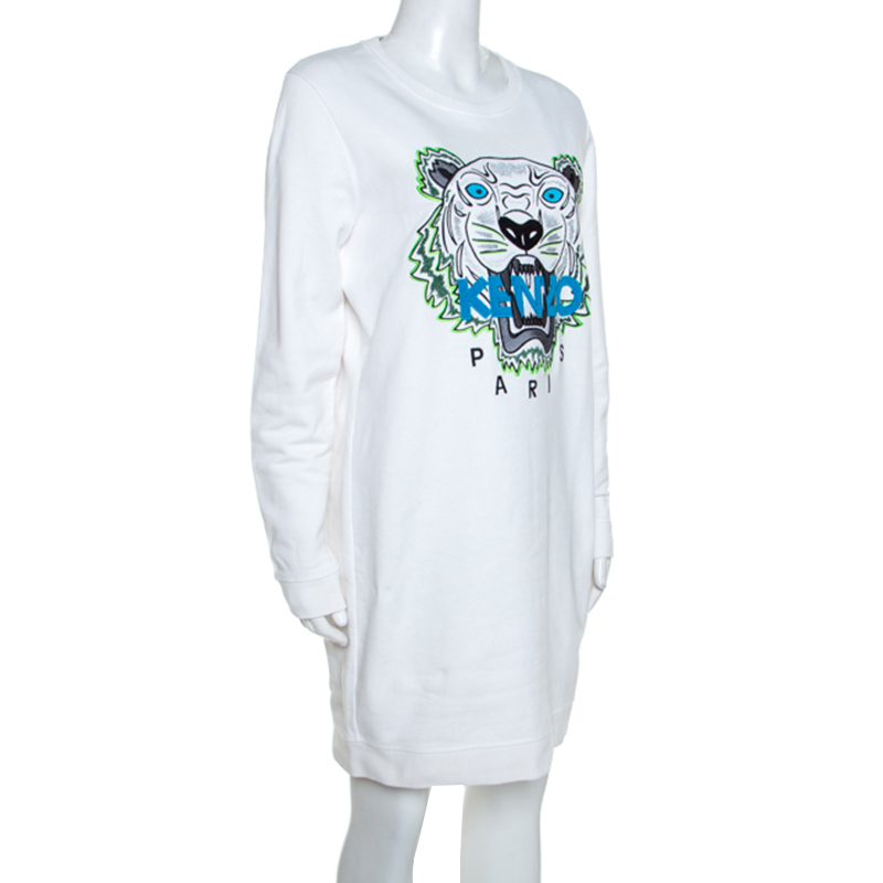 

Kenzo White Cotton Jersey Tiger Embroidery Sweatshirt Dress