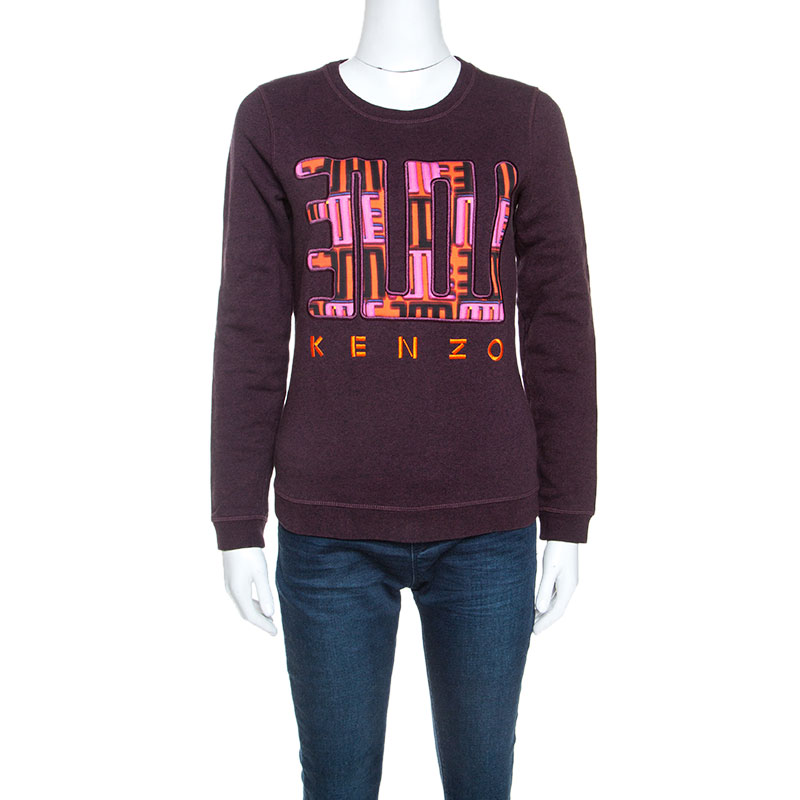 Pre Owned Kenzo Dark Burgundy Knit Love Embroidered Sweatshirt S