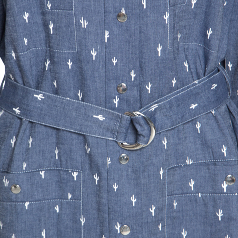 Pre-owned Kenzo Blue Denim Cactus Print Belted Shirt Dress L