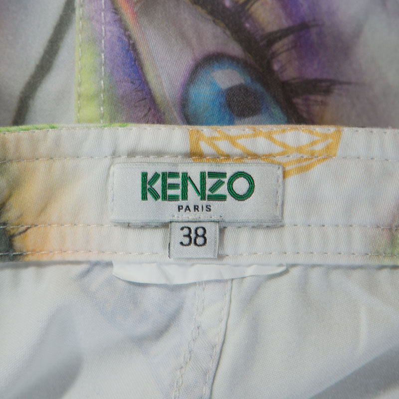 Pre-owned Kenzo White Printed Cotton Visage Button Down Skirt M