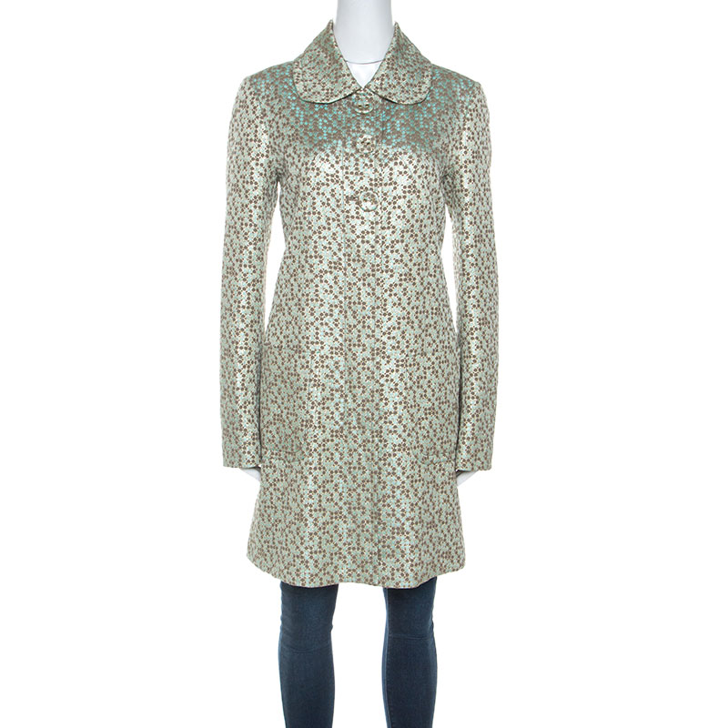 Kenzo Green and Gold Patterned Jacquard Coat M