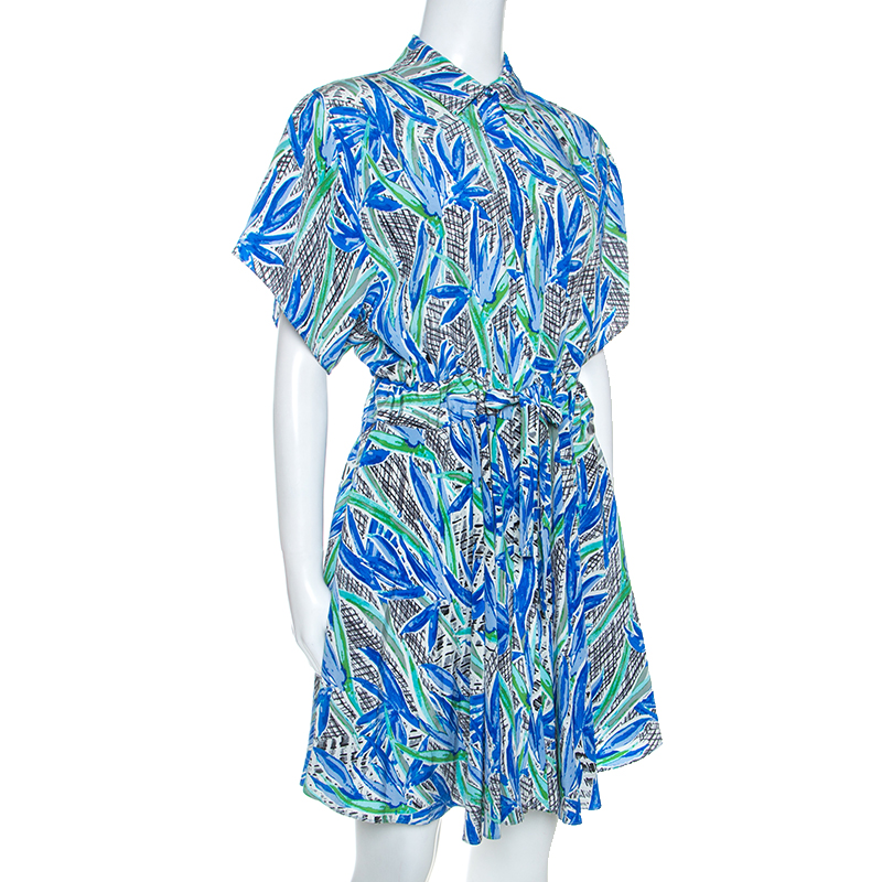 

Kenzo Multicolor Printed Silk Short Sleeve Belted Shirt Dress
