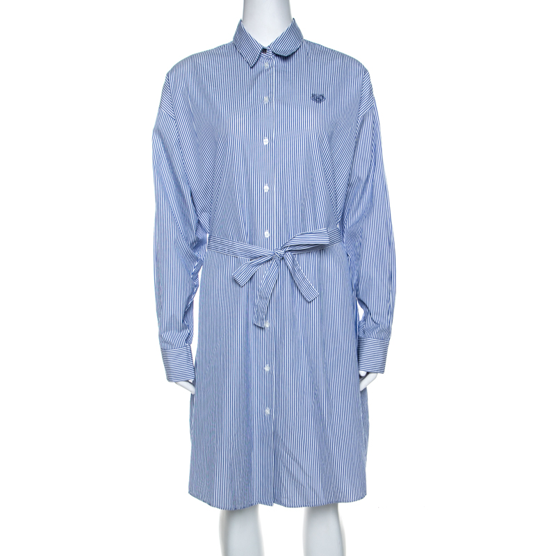 Pre Owned Kenzo Bicolor Tiger Embroidered Striped Cotton Shirt Dress S