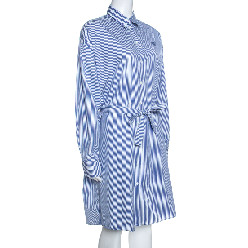 

Kenzo Bicolor Tiger Embroidered Striped Cotton Shirt Dress, Blue