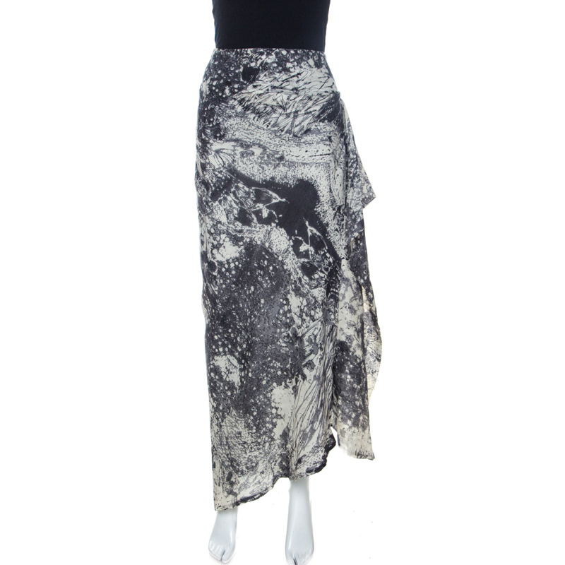 Kenzo Bicolor Abstract Print Wool Ruffle Detail Maxi Skirt M