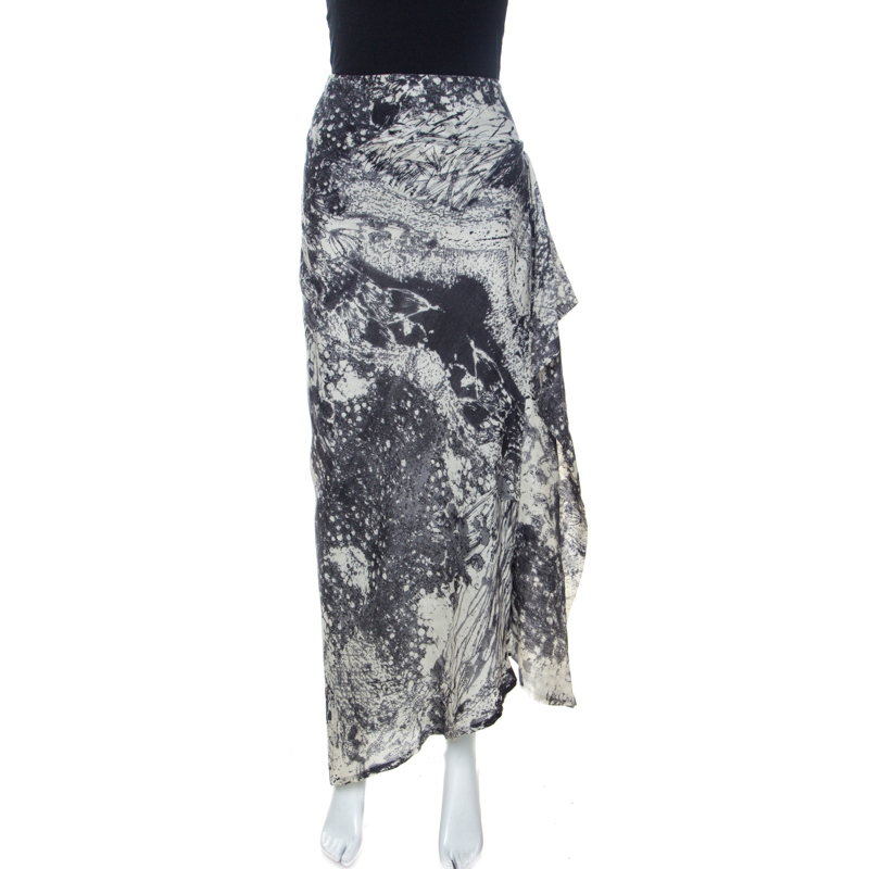 Pre Owned Kenzo Bicolor Abstract Print Wool Ruffle Detail Maxi Skirt M