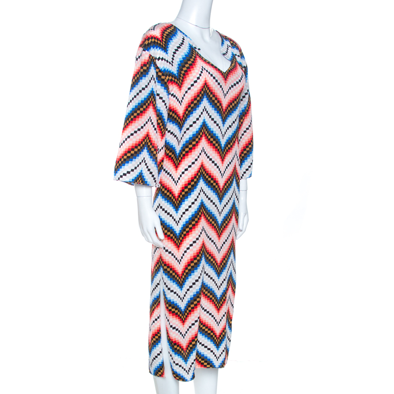 

Kenzo Multicolor Silk Chevron Pattern Midi Dress