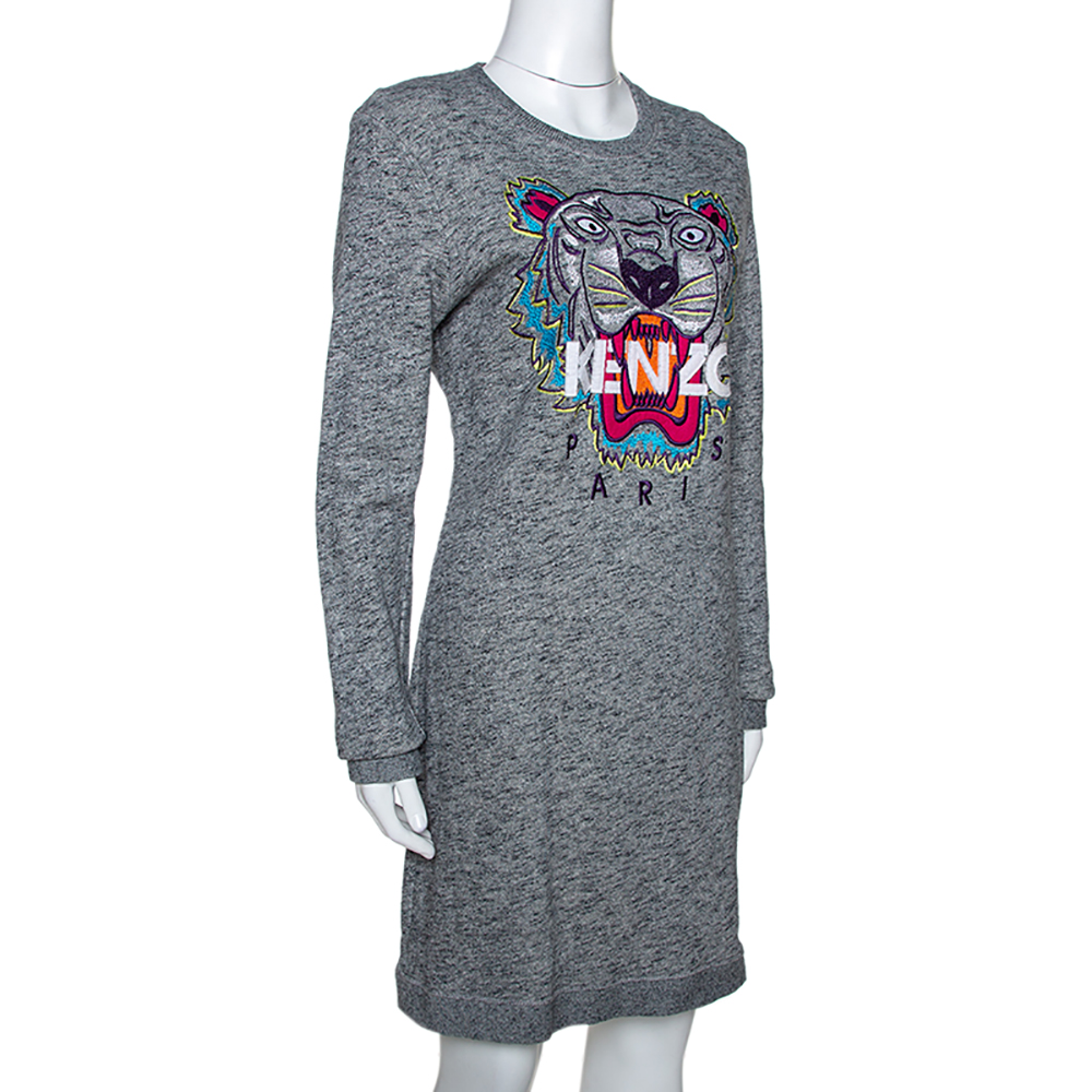 

Kenzo Grey Melange Knit Embroidered Tiger Motif Sweater Dress