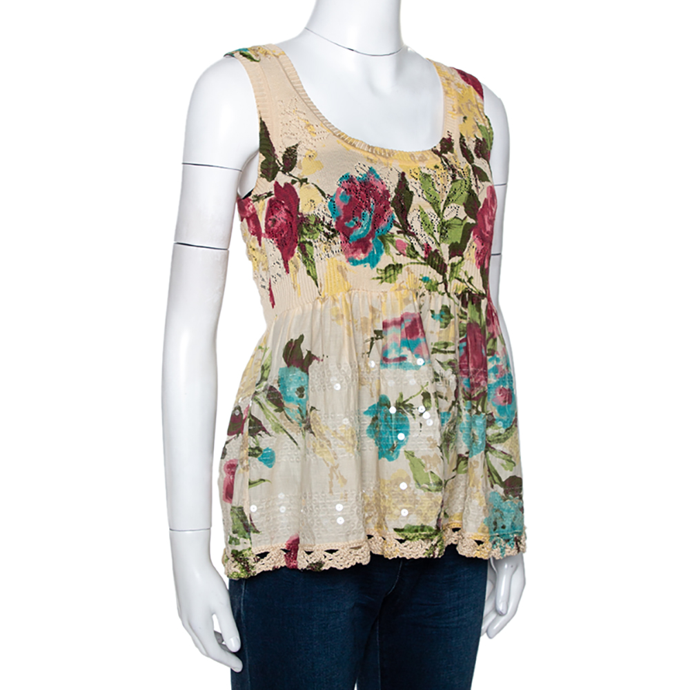 

Kenzo Cream Floral Print Knit Paneled Sleeveless Scoop Neck Top