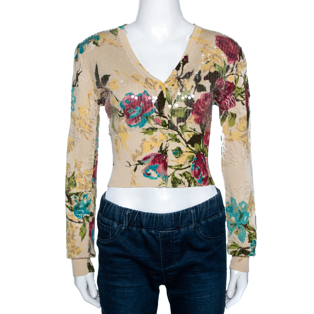 Pre Owned Kenzo Cream Floral Pointelle Knit Cotton Sequined Cropped Cardigan M