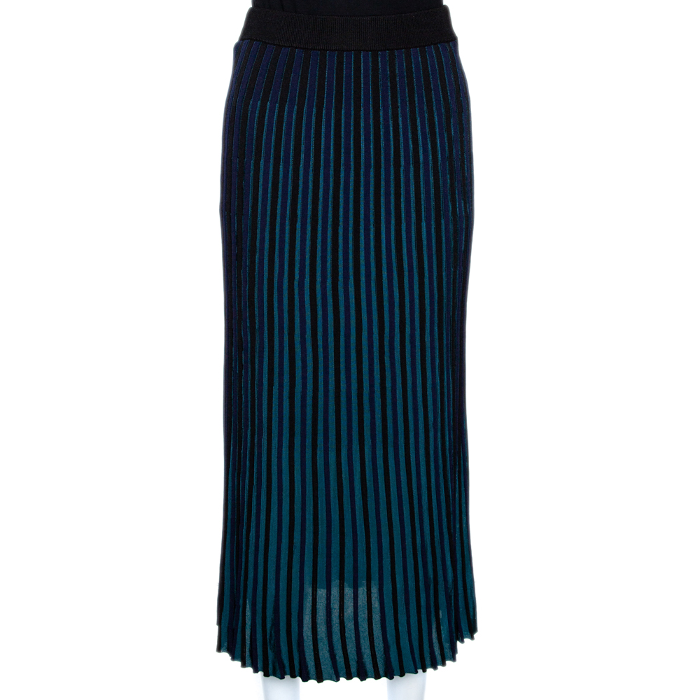 Pre Owned Kenzo Teal & Black Knit Pleated Midi Skirt S