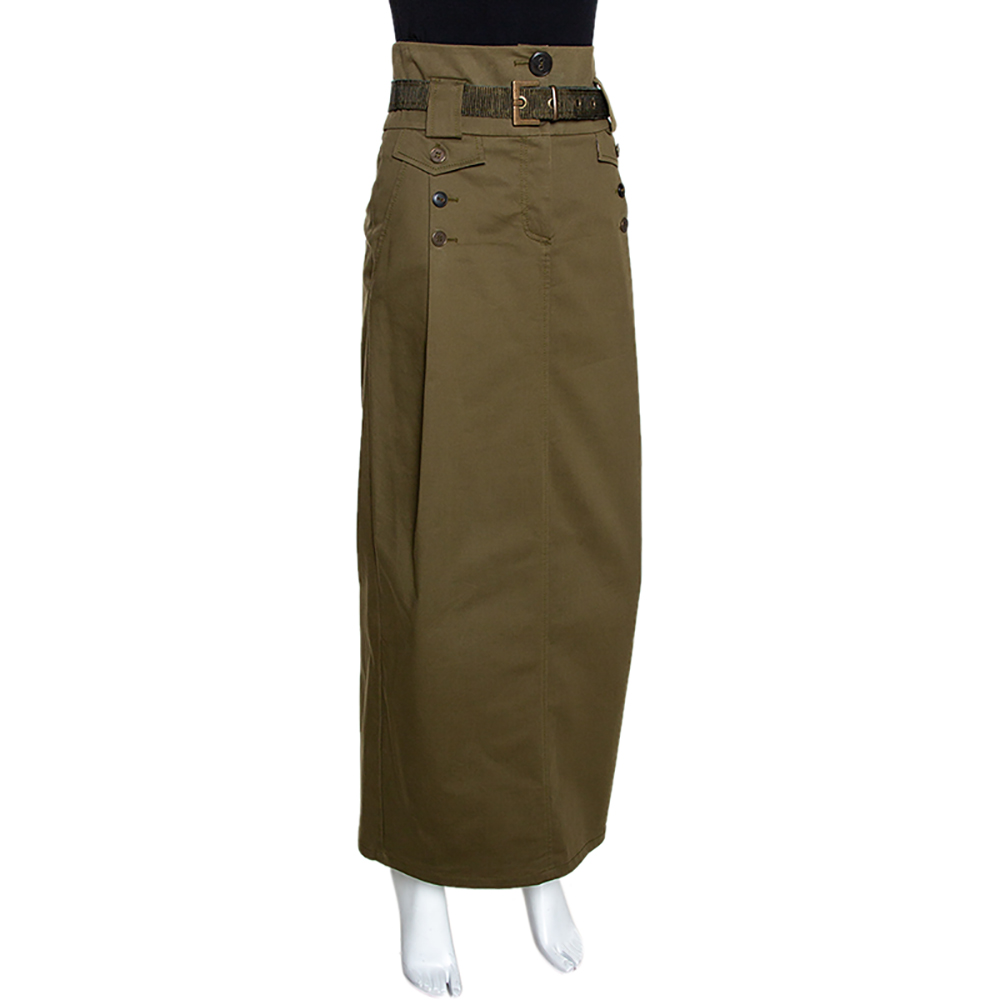 

Kenzo Olive Green Stretch Cotton Belted Maxi Skirt