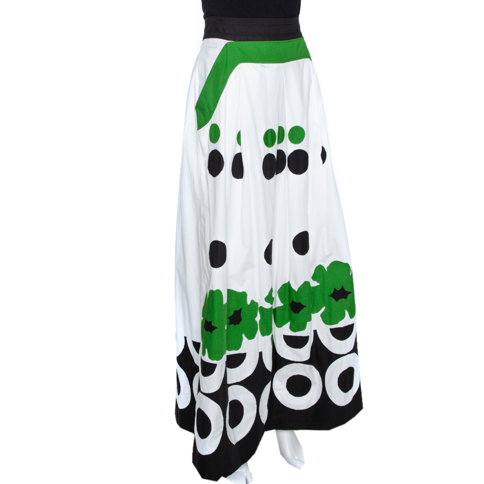 

Kenzo Muticolor Polka Dot and Floral Applique Cotton Maxi Skirt, Multicolor