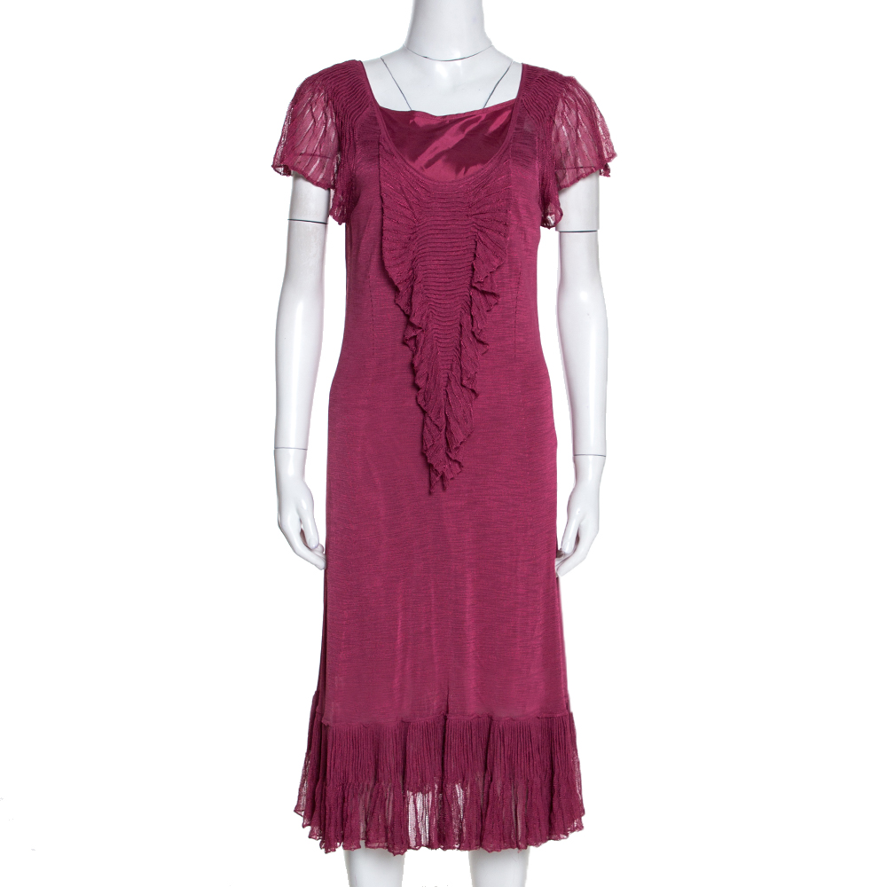 Pre Owned Kenzo Pink Knit Ruffle Detail Midi Dress L