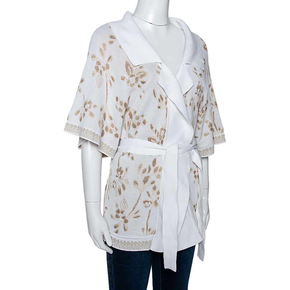 

Kenzo White & Gold Lurex Knit Belted Kimono Sweater