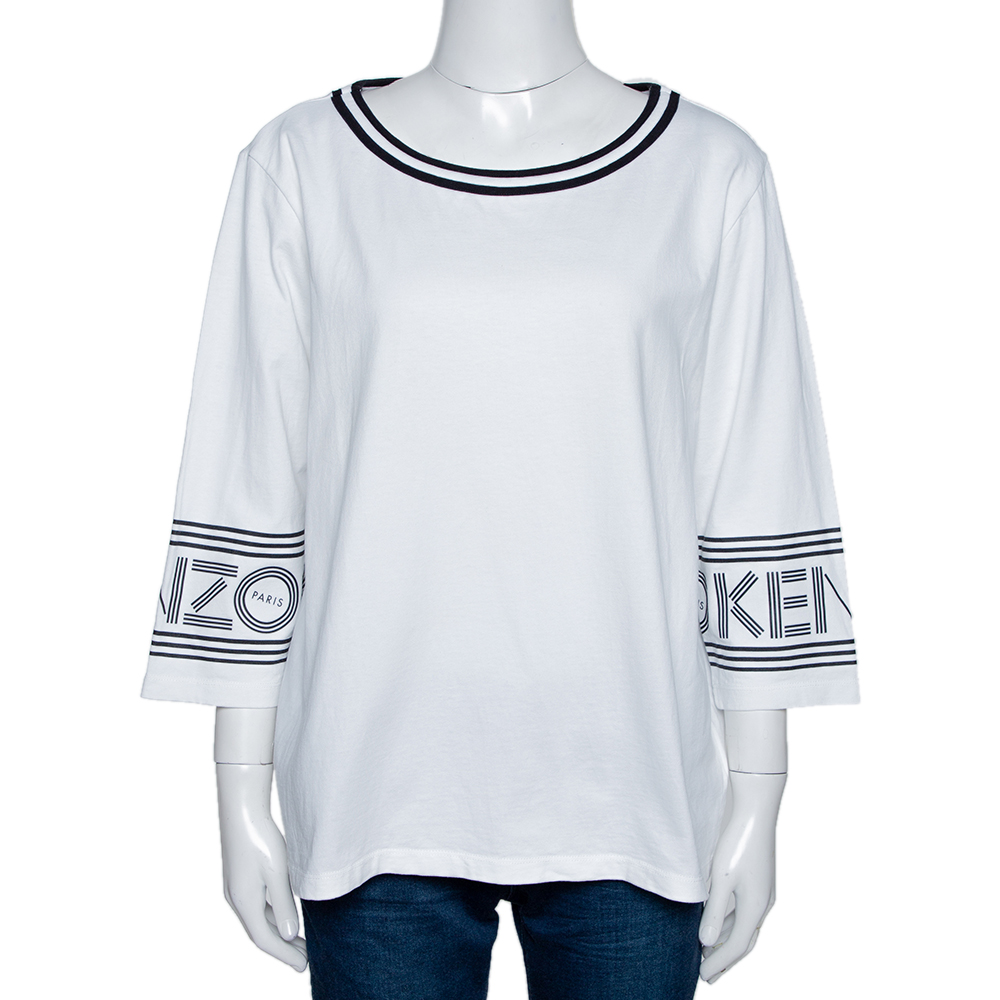 Pre Owned Kenzo White Cotton Boat Neck Three Quarter Sleeve T Shirt XL