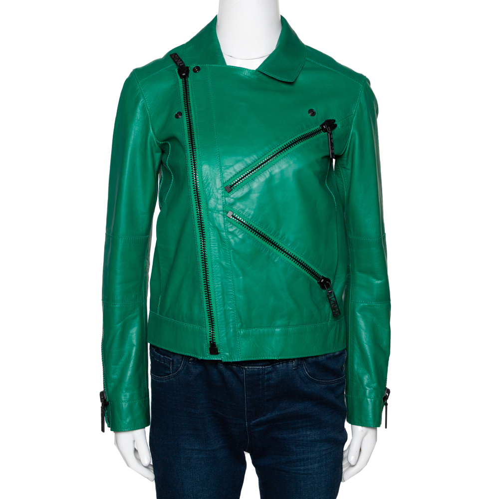 

Kenzo Green Eye Embroidered Leather Zip Front Jacket