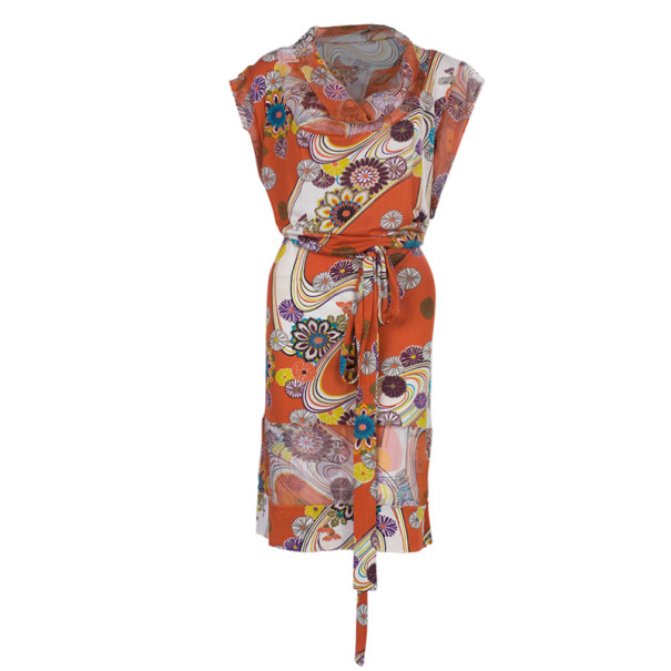 Pre Owned Kenzo Orange Abstract Floral Print Chiffon Dress L