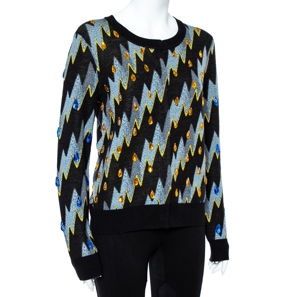 

Kenzo Black Lightning Bolt Jacquard Wool Embellished Cardigan