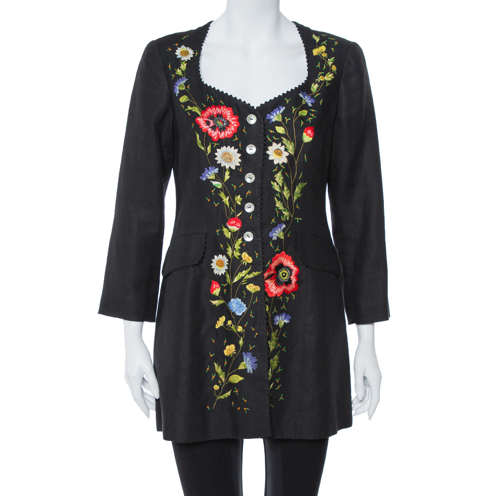 

Kenzo Vintage Black Floral Embroidered Linen Button Front Jacket
