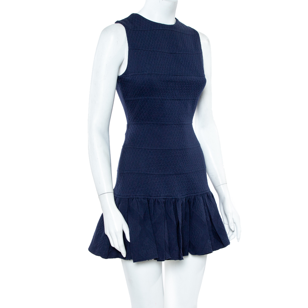 

Kenzo Navy Blue Cotton Jacquard Ruffle Detail Sleeveless Mini Dress