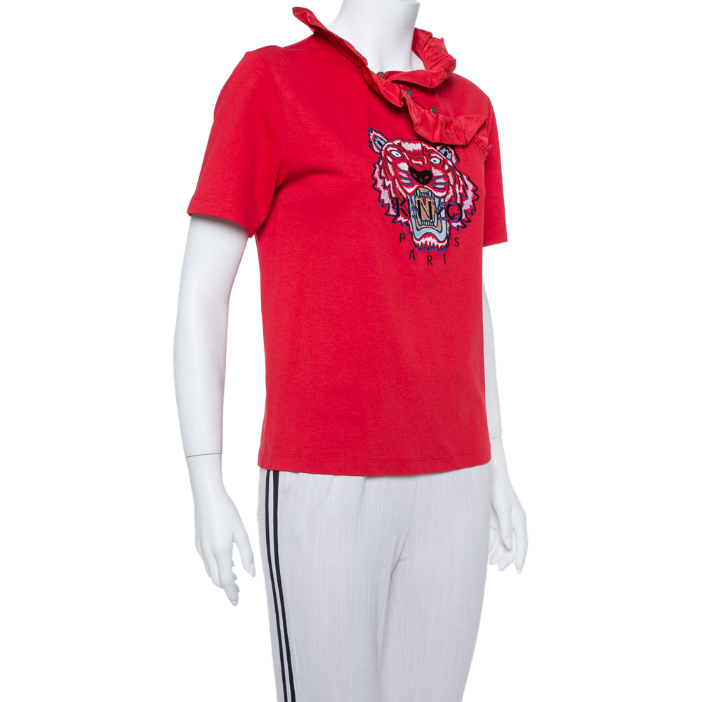 

Kenzo Red Tiger Logo Embroidered Cotton Ruffle Neck T Shirt