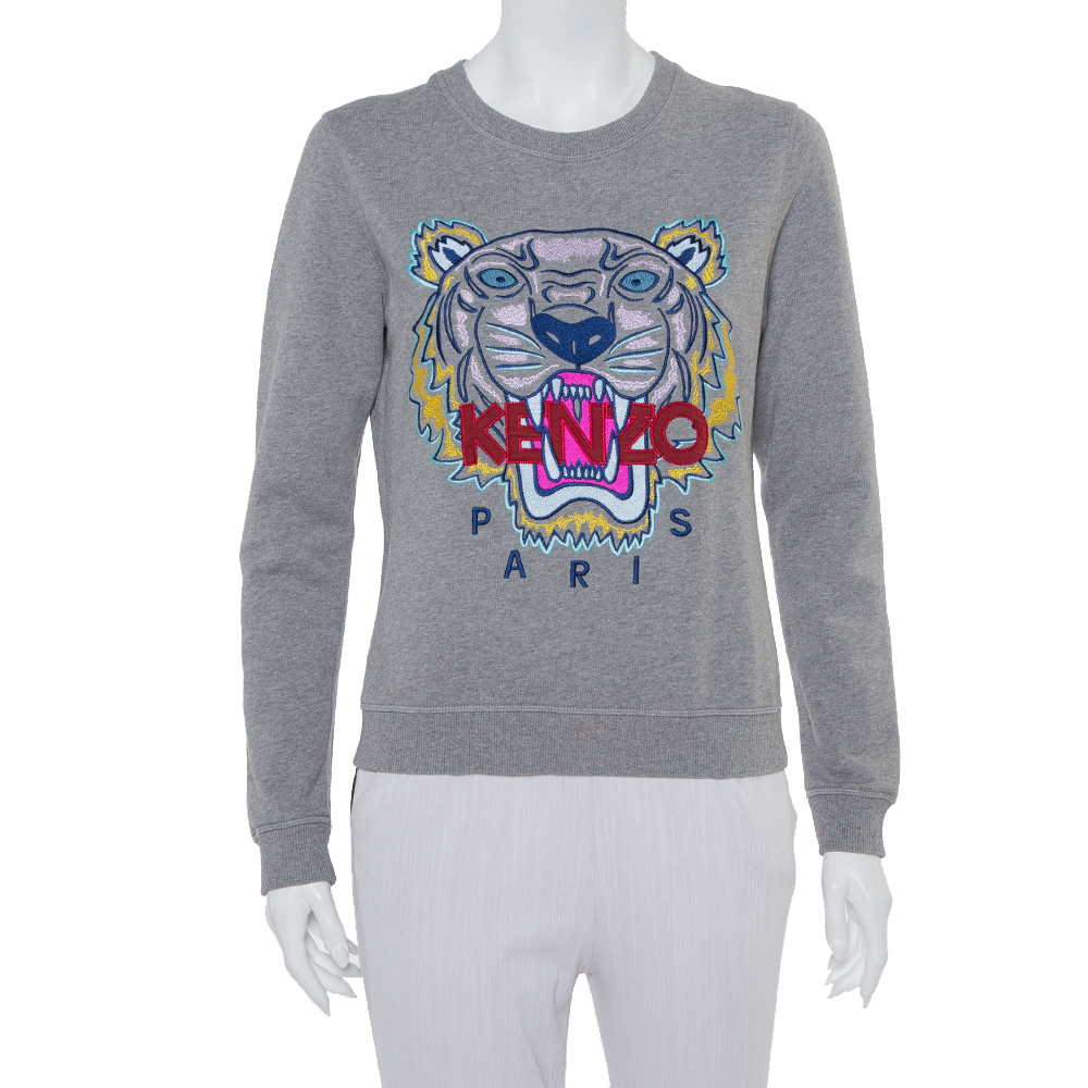 Pre-owned Kenzo Grey Tiger Motif Embroidered Cotton Crewneck Sweatshirt M