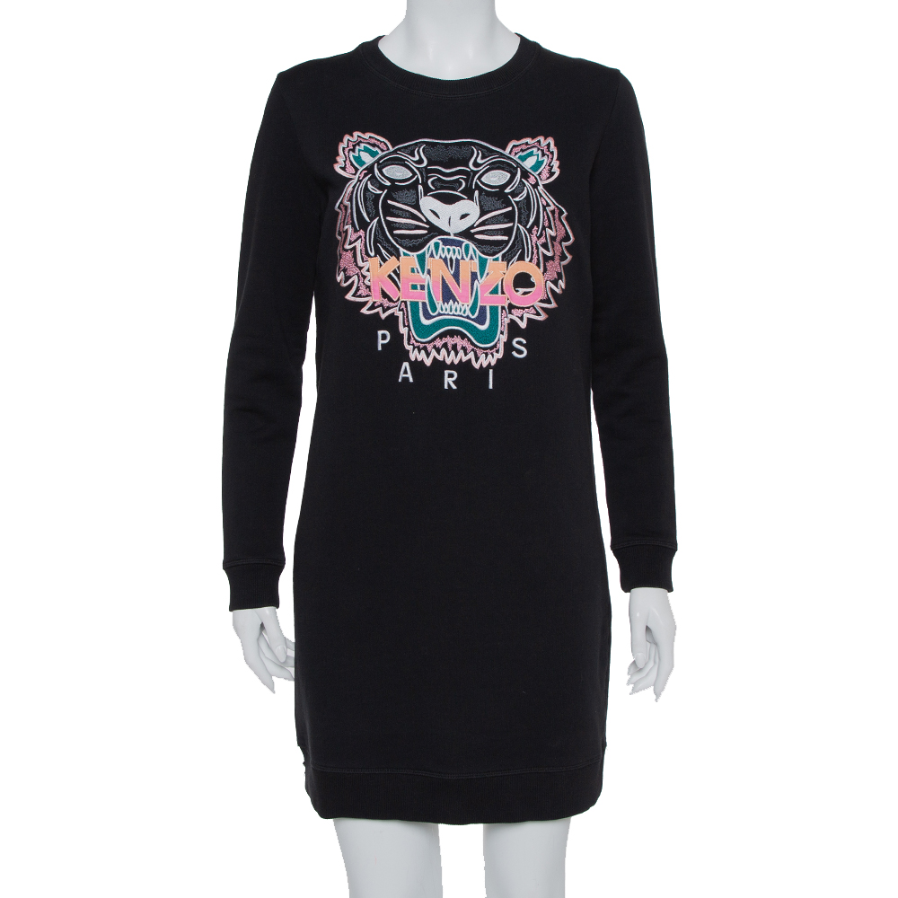 Pre-owned Kenzo Black Tiger Embroidered Cotton T-shirt Dress M