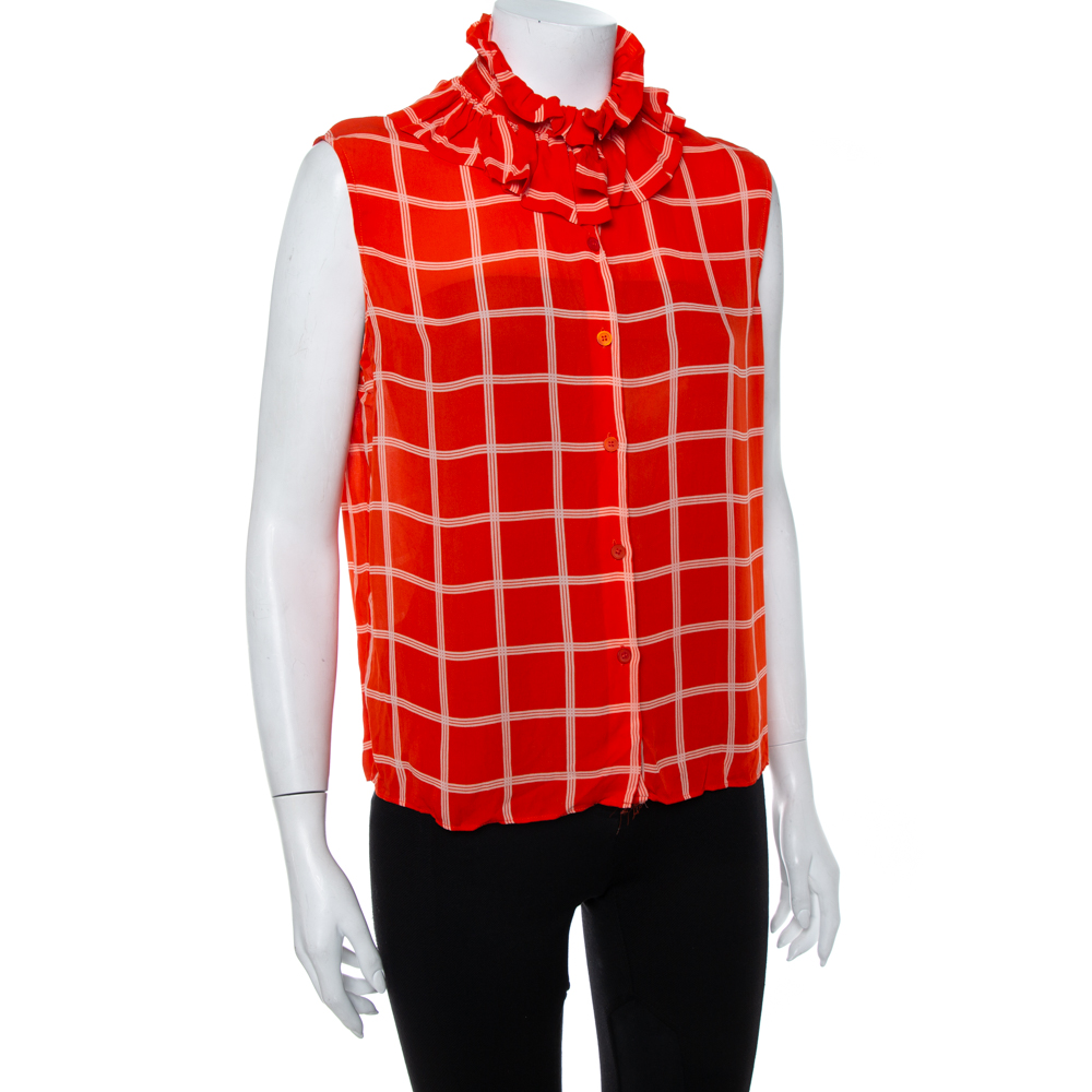 

Kenzo Orange Checkered Silk Ruffled Neck Button Front Sleeveless Shirt